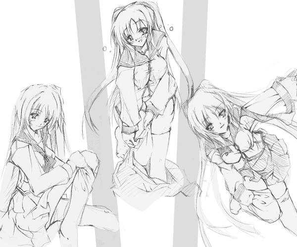 kousaka tamaki, to heart (series), to heart 2, 00s, 1girl, blush, female focus, greyscale, long hair, long sleeves, looking at viewer, monochrome, multiple expressions, multiple views, reference sheet, school uniform, serafuku, sketch, skirt, smile, thighhighs, undressing, very long hair