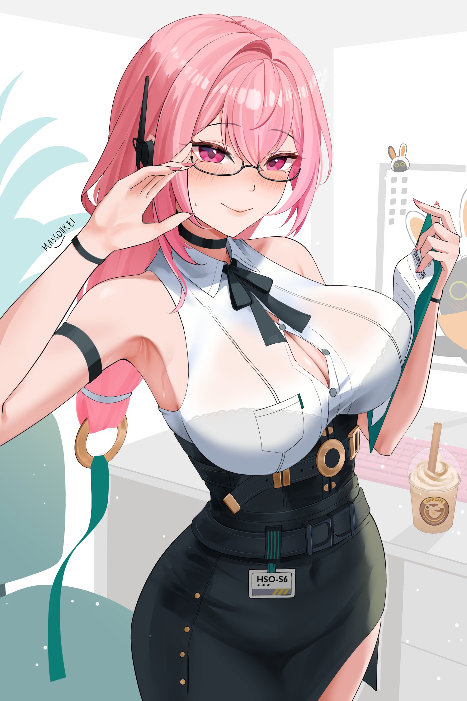massoukei, tsukishiro yanagi, zenless zone zero, commentary, english commentary, highres, 1girl, adapted costume, arm strap, armpits, artist name, bare shoulders, black-framed eyewear, black bra, black ribbon, black skirt, blush, bra, bra visible through clothes, breasts, button gap, clipboard, closed mouth, collared shirt, earpiece, fingernails, hair between eyes, high-waist skirt, holding, holding clipboard, id card, indoors, large breasts, looking at viewer, nail polish, neck ribbon, pink eyes, pink hair, pink nails, ribbon, semi-rimless eyewear, shirt, skirt, sleeveless, sleeveless shirt, smile, solo, sweat, under-rim eyewear, underwear, white shirt