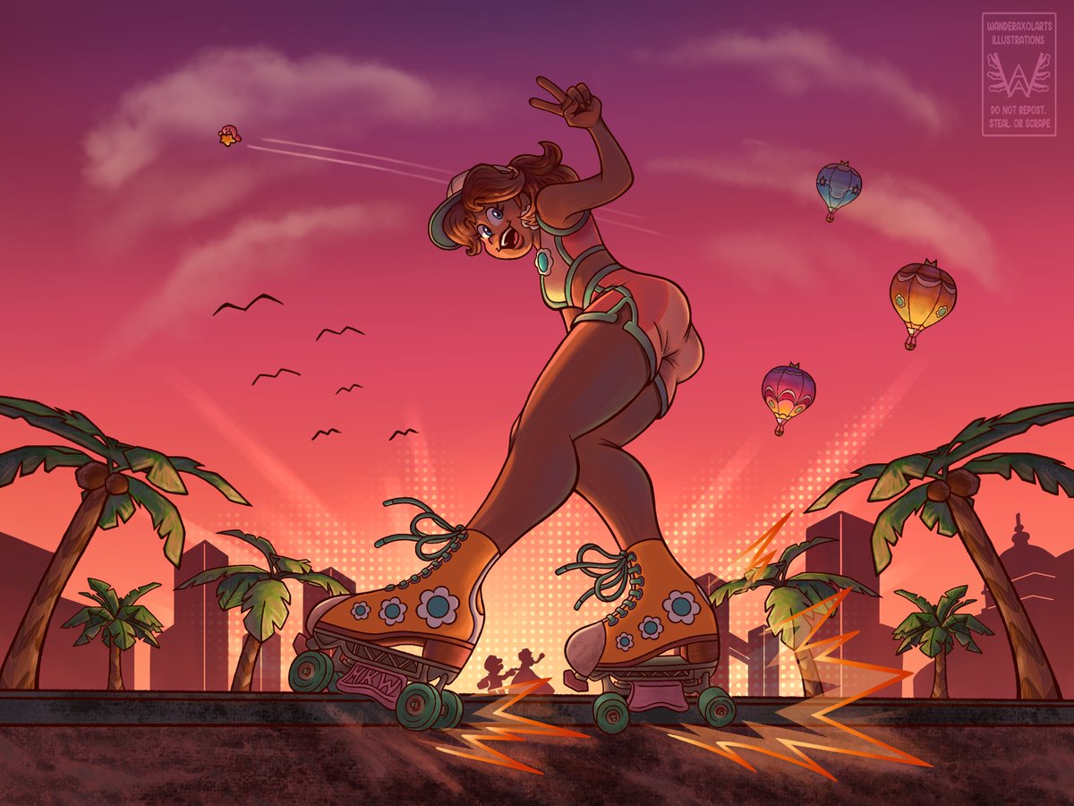 princess daisy, princess daisy (swimwear) (mario kart world), mario (series), mario kart, mario kart world, nintendo, 1girl, aircraft, aqua trim, artist name, baseball cap, blue eyes, brown hair, dolphin shorts, hat, hot air balloon, official alternate costume, orange shorts, orange sports bra, outdoors, palm leaf, roller skates, shorts, silhouette, skates, solo focus, sports bra, sunset, wanderaxolarts, watermark, white hat