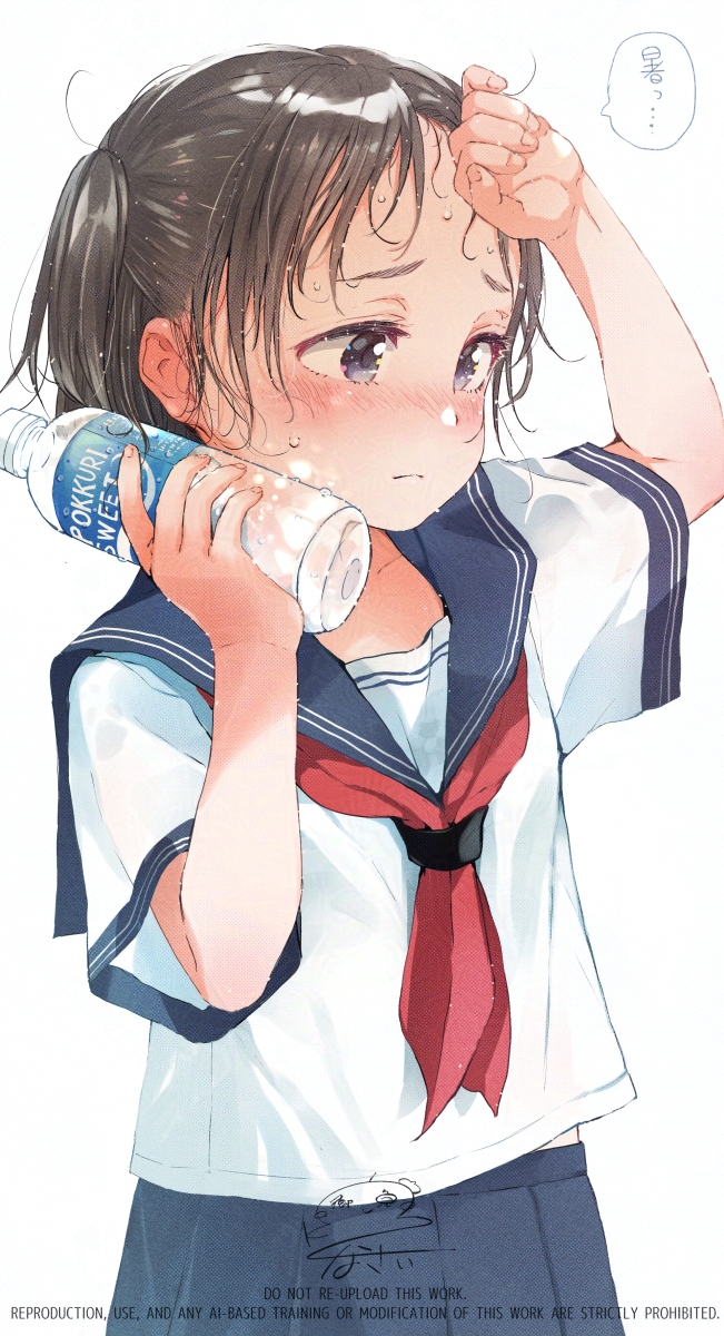 gomennasai, original, pocari sweat, commentary request, highres, translation request, 1girl, arm up, black hair, blue sailor collar, blue skirt, blush, bottle, brand name imitation, closed mouth, grey eyes, hand up, holding, holding bottle, neckerchief, nose blush, one side up, pleated skirt, red neckerchief, sailor collar, school uniform, serafuku, shirt, short sleeves, signature, simple background, skirt, solo, sweat, water bottle, watermark, white background, white shirt