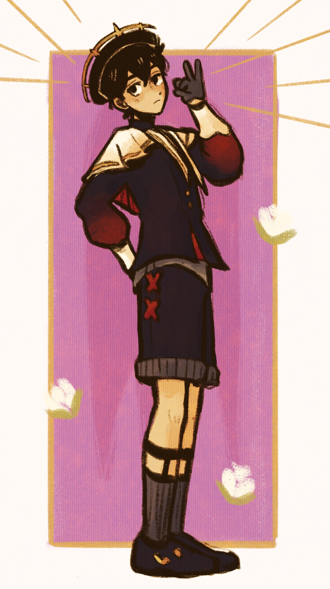ottie pops, sunny (omori), ensemble stars!, omori, highres, 1boy, black eyes, black gloves, black hair, black shoes, black shorts, black socks, closed mouth, double-parted bangs, full body, gloves, long sleeves, looking at viewer, male focus, shoes, short hair, shorts, socks, solo, v