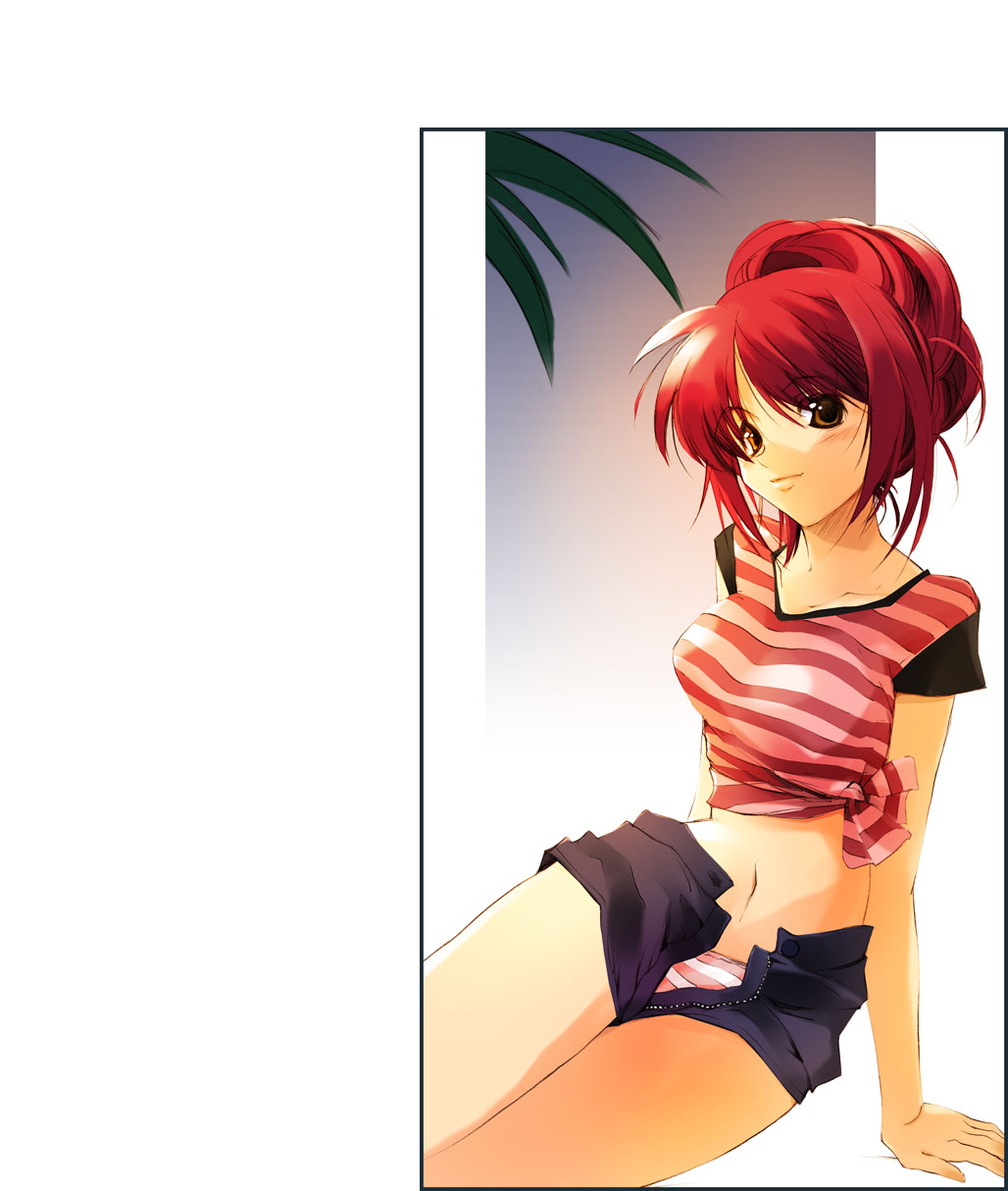 nagare hyougo, kousaka tamaki, to heart (series), to heart 2, highres, 00s, blush, midriff, open fly, panties, red hair, smile, solo, striped clothes, striped panties, underwear, unzipped, zipper
