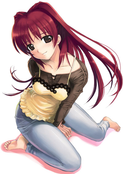 mikazuki akira!, kousaka tamaki, to heart (series), to heart 2, duplicate, 00s, 1girl, arm behind back, barefoot, between legs, blush, brown eyes, camisole, casual, denim, feet, female focus, fingernails, from above, full body, hand between legs, jeans, long hair, looking at viewer, pants, red hair, simple background, smile, solo, white background