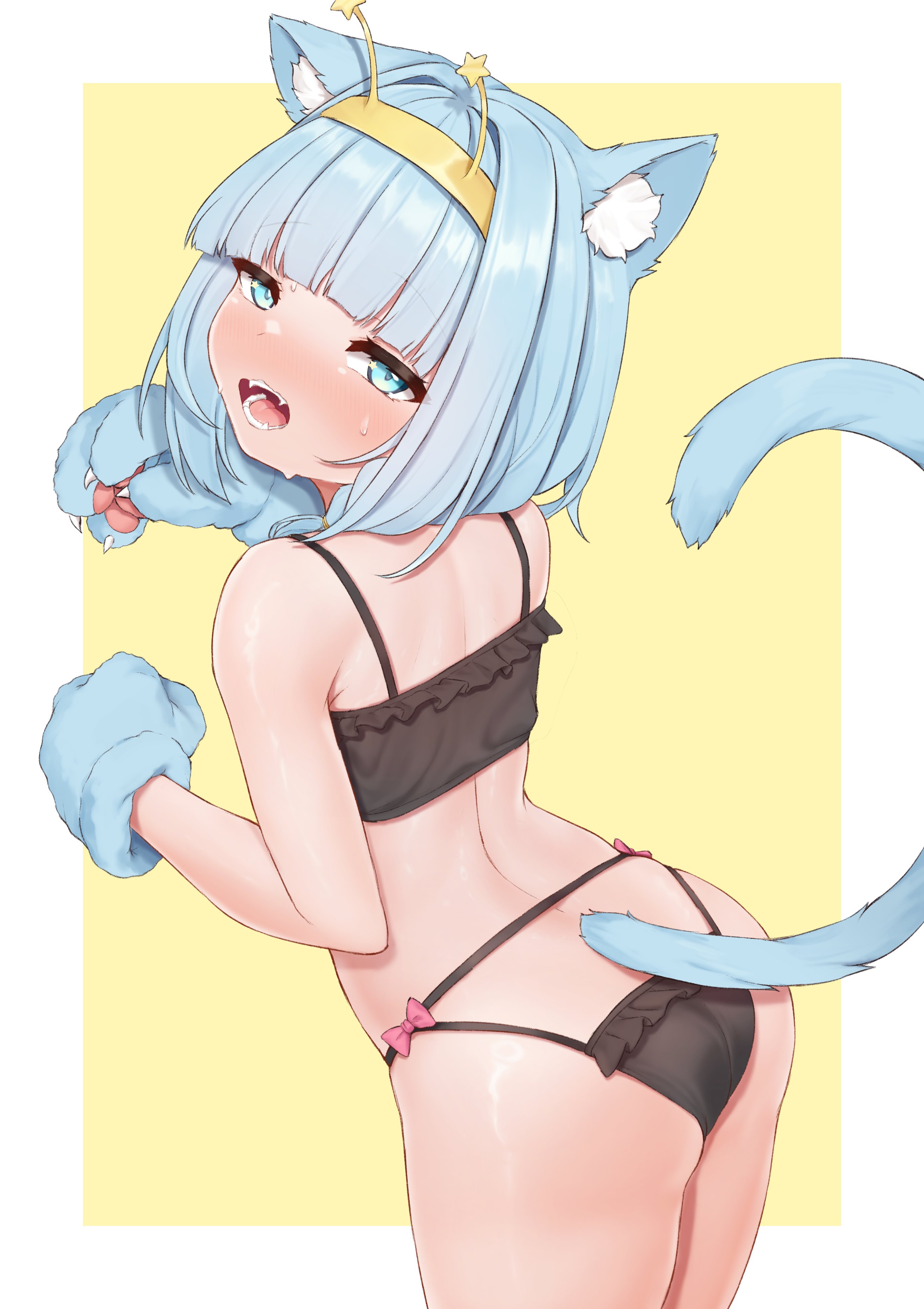 sleepypudding, jelly hoshiumi, phase connect, absurdres, highres, 1girl, animal ear fluff, animal ears, animal hands, ass, black bra, black panties, blue eyes, blue hair, blush, bow, bra, cat ears, cat tail, hairband, median furrow, open mouth, panties, pink bow, solo, star (symbol), tail, underwear, virtual youtuber, yellow background, yellow hairband