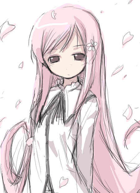 lucy maria misora, to heart (series), to heart 2, 00s, cherry blossoms, hair ornament, hairpin, long hair, pink eyes, pink hair, solo