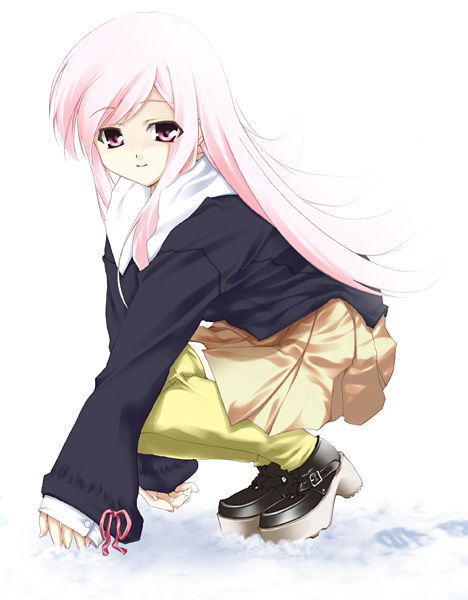 akari maki, lucy maria misora, to heart (series), to heart 2, 00s, long hair, pink eyes, pink hair, snow, solo, thighhighs