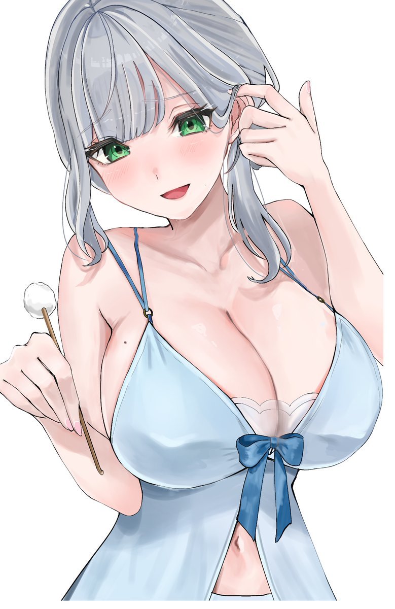 shirogane noel, shirogane noel (9th costume), hololive, highres, 1 1k, 1girl, babydoll, blue babydoll, blush, breasts, cleavage, collarbone, green eyes, grey hair, huge breasts, looking at viewer, mimikaki, mole, mole on breast, navel, open mouth, simple background, solo, upper body, virtual youtuber, white background