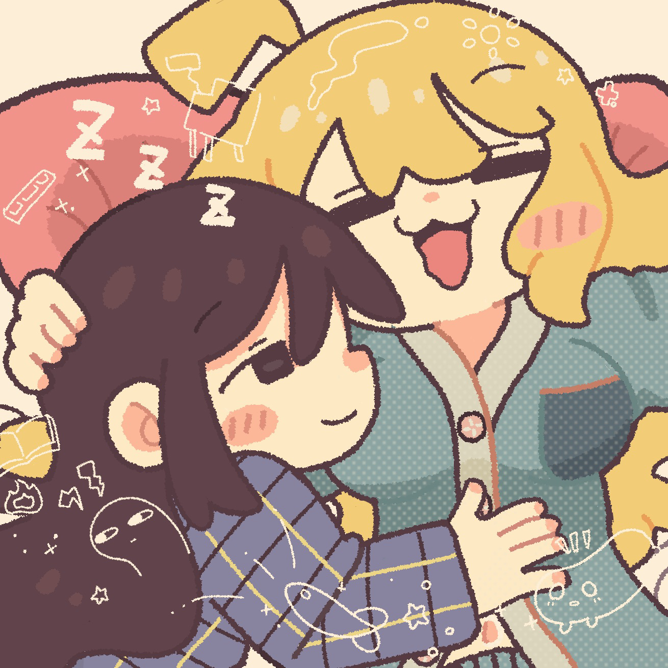 hishimatope, chito (shoujo shuumatsu ryokou), nuko (shoujo shuumatsu ryokou), yuuri (shoujo shuumatsu ryokou), shoujo shuumatsu ryokou, highres, 2girls, :3, = =, ahoge, alternate costume, black eyes, black hair, blonde hair, blush, breasts, closed mouth, hair down, large breasts, long hair, lying, multiple girls, on back, open mouth, pajamas, sidelocks, smile, yuri, zzz