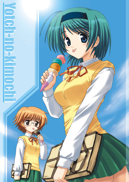 kishi nisen, yamada michiru, yoshioka chie, to heart (series), to heart 2, 00s, :p, ahoge, bag, blue eyes, brown eyes, food, glasses, green hair, hairband, ice cream, orange hair, pleated skirt, school bag, school uniform, serafuku, short hair, skirt, tongue, tongue out, vest