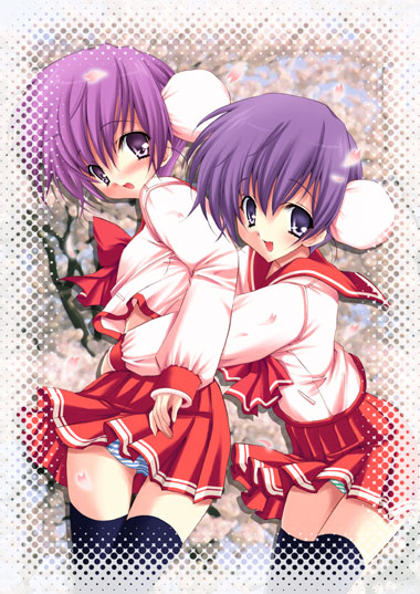 yukiwo, himeyuri ruri, himeyuri sango, to heart (series), to heart 2, 00s, 2girls, black thighhighs, blue panties, bow, bun cover, double bun, green panties, hair bun, hug, miniskirt, multiple girls, panties, pantyshot, pleated skirt, purple eyes, purple hair, school uniform, serafuku, siblings, sisters, skirt, striped clothes, striped panties, thigh gap, thighhighs, thighs, twins, underwear, wind, wind lift