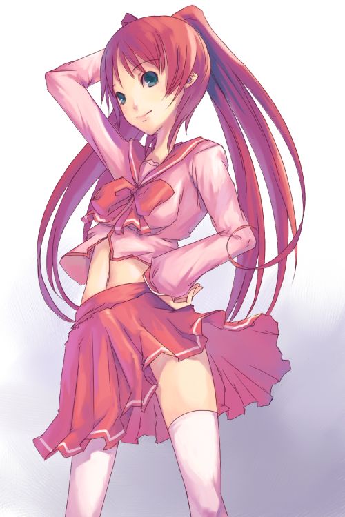 kousaka tamaki, to heart (series), to heart 2, 00s, long hair, midriff, pleated skirt, red hair, school uniform, serafuku, skirt, solo, thighhighs, zettai ryouiki