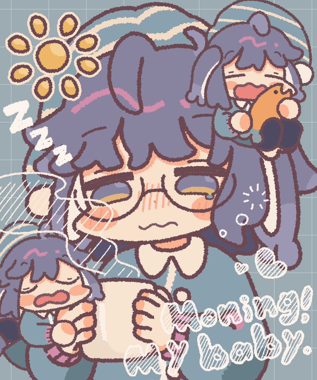 hishimatope, vrchat, highres, 1girl, black-framed eyewear, blue eyes, blue hair, blush, chibi, closed mouth, coffee mug, cup, glasses, holding, holding cup, long sleeves, mug, open mouth, pajamas, round eyewear, short hair, solo, usasaki (vrchat), wavy mouth, yawning