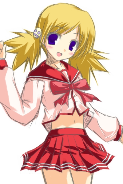 sasamori karin, to heart (series), to heart 2, 00s, 1girl, :d, arm up, blonde hair, blue eyes, blush, bow, clothes lift, female focus, flat chest, hair ornament, head tilt, looking at viewer, midriff, miniskirt, navel, open mouth, outstretched arms, parted bangs, pink bow, pleated skirt, shirt lift, short hair, short twintails, simple background, sketch, skirt, smile, smiley face, solo, spiked hair, spread arms, standing, twintails, white background, wind, wind lift