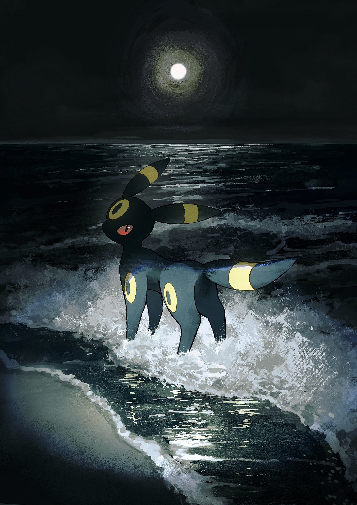 kuchiba (jret2454), umbreon, nintendo, pokemon, highres, animal focus, beach, black fur, colored sclera, facial mark, forehead mark, full moon, gen 2 pokemon, looking at viewer, moon, night, no humans, pokemon (creature), pokemon focus, red eyes, red sclera, slit pupils, tail