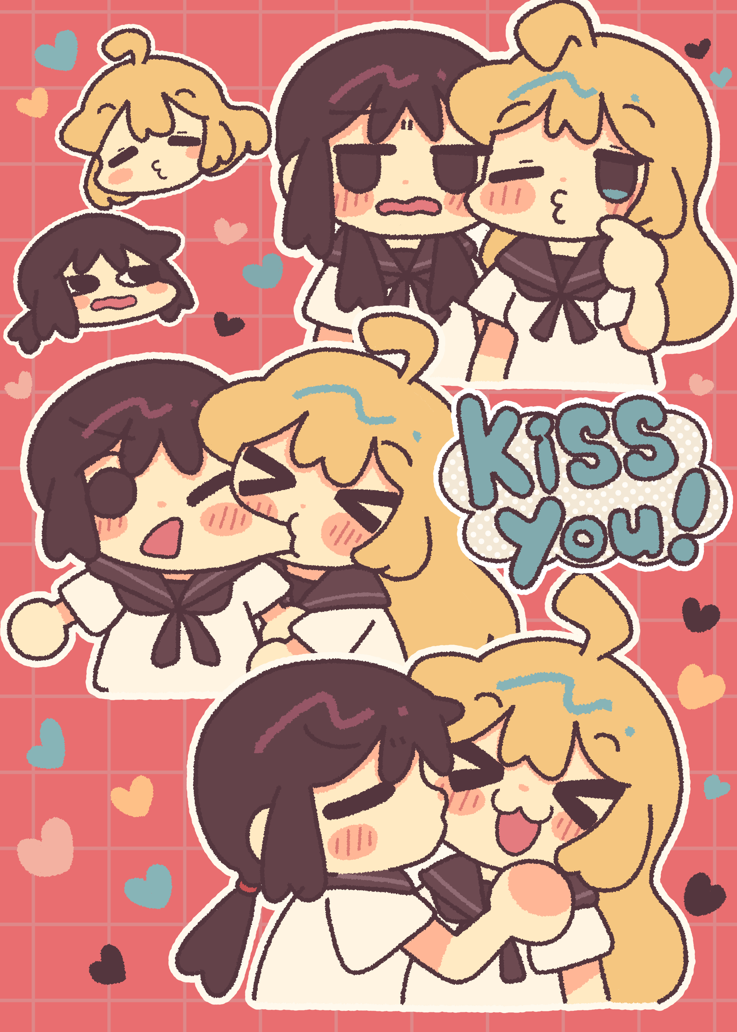 hishimatope, chito (shoujo shuumatsu ryokou), yuuri (shoujo shuumatsu ryokou), shoujo shuumatsu ryokou, absurdres, highres, > <, 2girls, ahoge, alternate costume, biting, biting cheek, black eyes, black hair, black neckerchief, blonde hair, blue eyes, chibi, closed eyes, closed mouth, english text, heart, kiss, kissing cheek, looking at another, low twintails, medium hair, multiple girls, neckerchief, one eye closed, open mouth, school uniform, short sleeves, short twintails, speech bubble, twintails, yuri