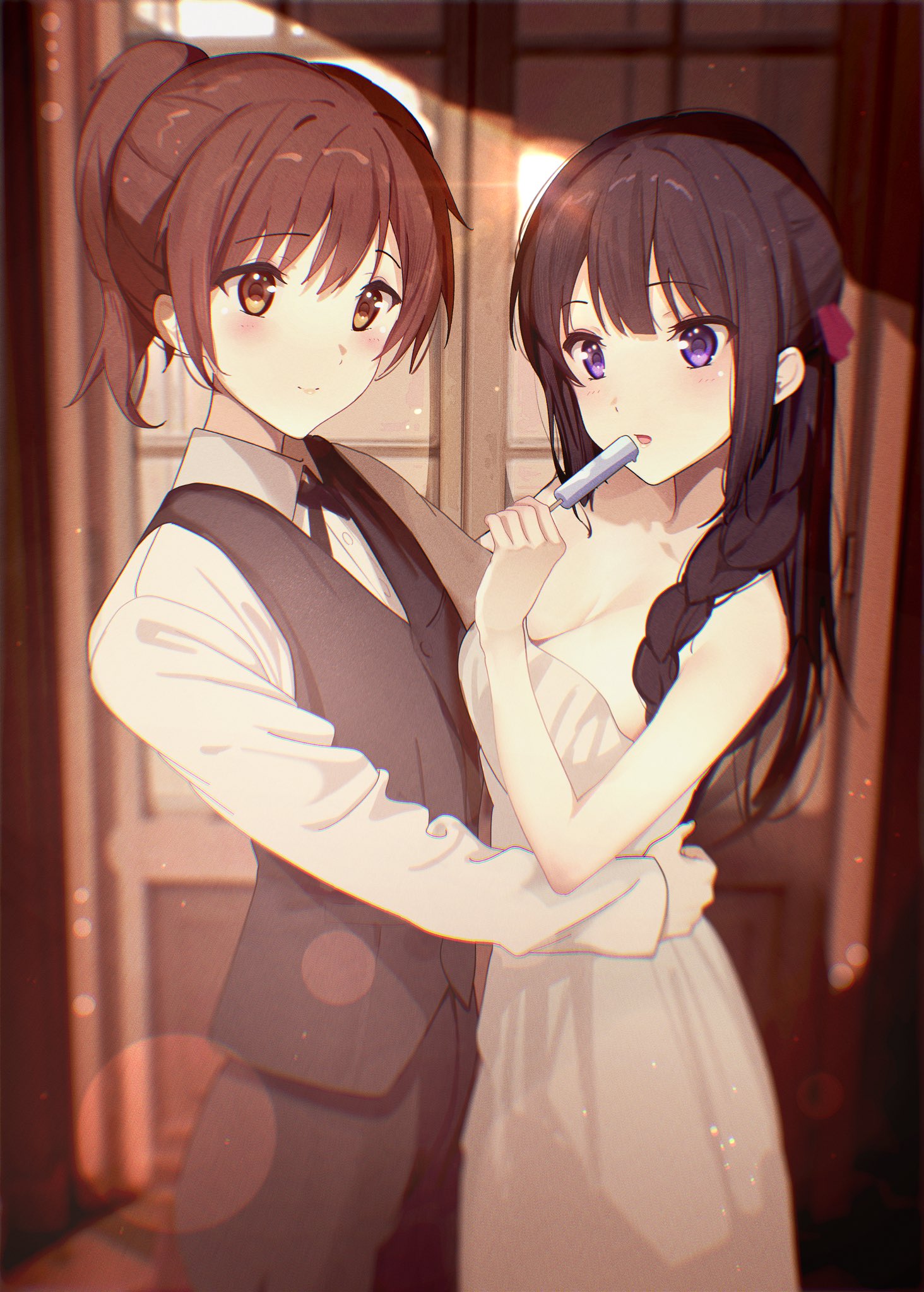lie lack1080, kousaka reina, oumae kumiko, hibike! euphonium, highres, 2girls, bare shoulders, black bow, black hair, black pants, black vest, blush, bow, braid, breasts, brown eyes, brown hair, butler, cleavage, closed mouth, collared shirt, dress, food, hair bow, hair ornament, holding, holding food, holding popsicle, hug, indoors, long hair, medium breasts, multiple girls, open mouth, pants, ponytail, popsicle, purple eyes, shirt, short hair, smile, vest, waitress, white dress, white shirt