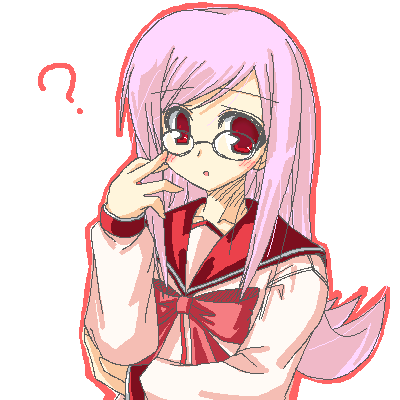 lucy maria misora, to heart (series), to heart 2, lowres, 00s, blouse, bow, bowtie, glasses, long hair, oekaki, outline, pink bow, pink bowtie, pink eyes, pink hair, school uniform, serafuku, shirt, simple background, solo, swept bangs, white background, white shirt