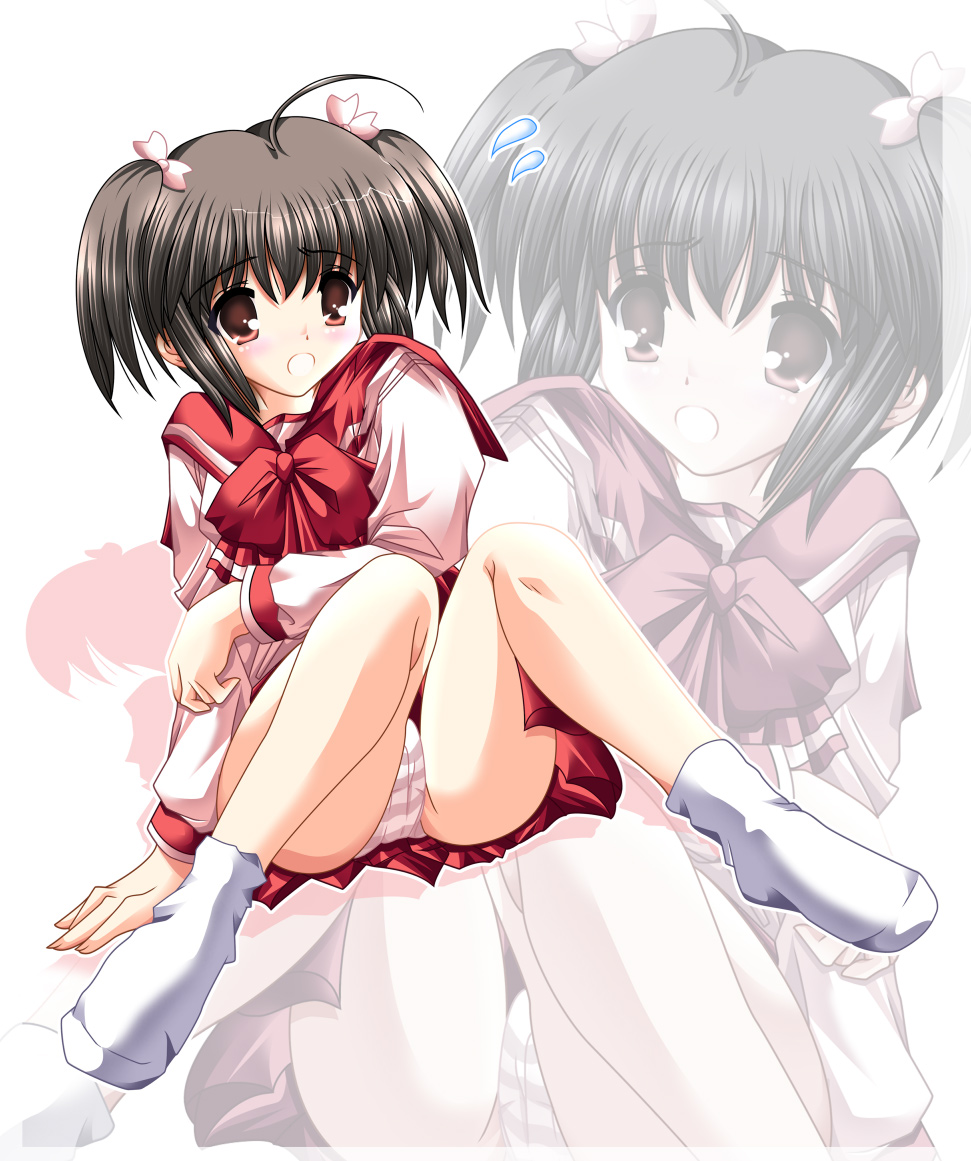 kohakugin, yuzuhara konomi, to heart (series), to heart 2, 00s, arm support, blush, bow, brown eyes, brown hair, flower, hair flower, hair ornament, miniskirt, panties, pantyshot, pink panties, pleated skirt, school uniform, serafuku, short twintails, sitting, skirt, socks, solo, striped clothes, striped panties, twintails, underwear, upskirt, white socks, zoom layer