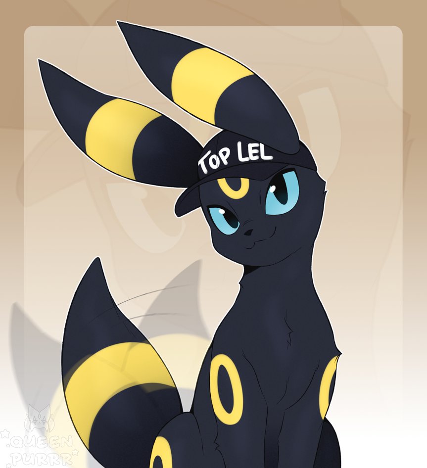 queen purrr, umbreon, nintendo, pokemon, commission, :3, afterimage, alternate eye color, animal focus, artist name, baseball cap, black eyes, black hat, blue sclera, border, brown border, closed mouth, clothed pokemon, clothes writing, colored sclera, ears through headwear, english text, facial mark, forehead mark, gen 2 pokemon, happy, hat, head tilt, looking at viewer, motion lines, no humans, outline, outside border, pokemon (creature), sitting, smile, solo, tail, tail wagging, watermark, white outline, zoom layer