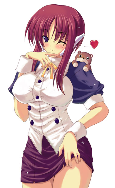 kyogoku shin, milfa (to heart), to heart (series), to heart 2, 00s, 1girl, blush, bow, breasts, clothes lift, covered erect nipples, female focus, heart, large breasts, long hair, miniskirt, one eye closed, robot ears, skirt, skirt lift, solo, stuffed animal, stuffed toy, teddy bear, wink, wrist cuffs