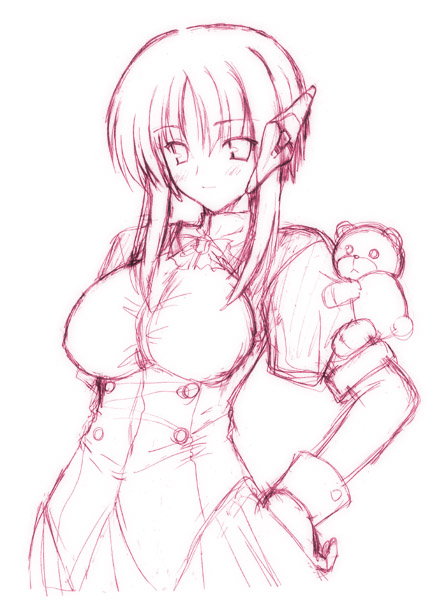 milfa (to heart), to heart (series), to heart 2, 00s, 1girl, breasts, female focus, hand on own hip, large breasts, lineart, monochrome, robot, robot ears, sketch, solo, stuffed animal, stuffed toy, teddy bear, wrist cuffs