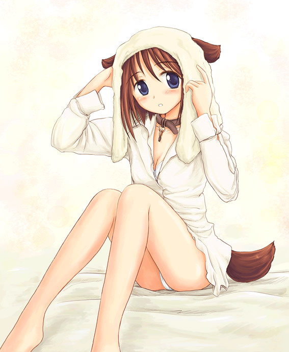 komaki manaka, to heart (series), to heart 2, 00s, 1girl, animal ears, blue eyes, blush, breasts, brown hair, cleavage, collar, dog ears, dog tail, female focus, panties, pantyshot, parted lips, simple background, sitting, solo, tail, towel, underwear, white panties