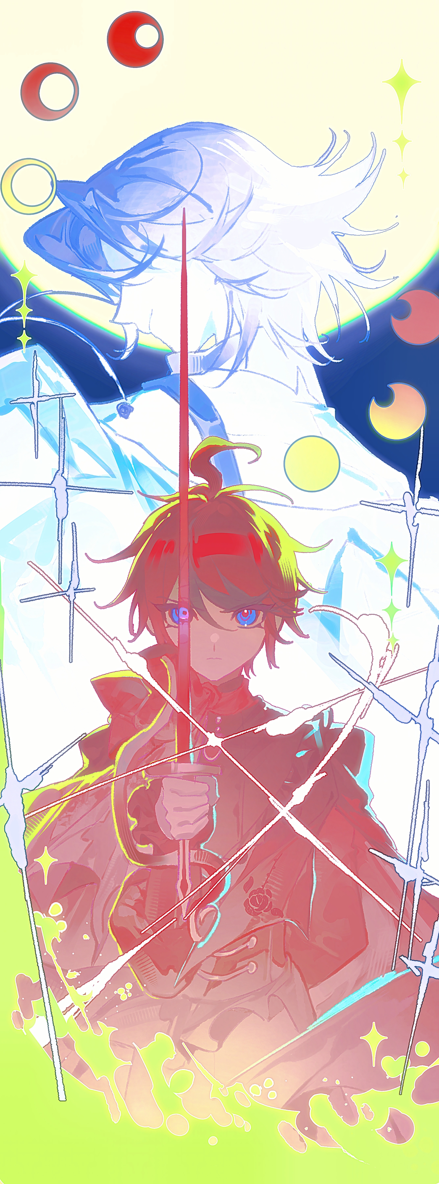 aizendai, aotsuki eito, sumino takumi, the hundred line -last defense academy-, absurdres, chinese commentary, highres, variant set, arm behind back, blue eyes, crescent moon, full moon, gibbous moon, glasses, glint, gloves, holding, holding sword, holding weapon, limited palette, looking at viewer, male focus, moon, moon phases, multicolored hair, multiple boys, rapier, short hair, streaked hair, sword, weapon