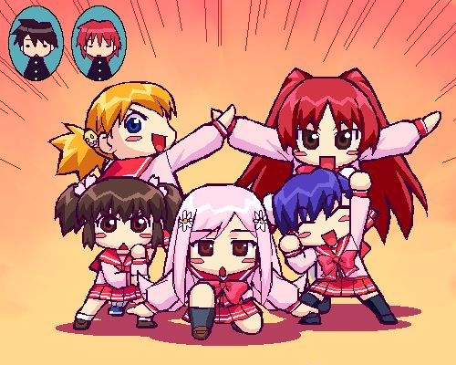 ginyu force, himeyuri sango, kouno takaaki, kousaka tamaki, kousaka yuuji, lucy maria misora, sasamori karin, yuzuhara konomi, dragon ball, dragonball z, to heart (series), to heart 2, black legwear, lowres, 2boys, 5girls, :d, blonde hair, blue eyes, blush stickers, brown eyes, brown hair, chibi, chibi only, closed eyes, double bun, flower, full body, ginyu force pose, hair bun, hair flower, hair ornament, long hair, long sleeves, looking at viewer, multiple boys, multiple girls, open mouth, outstretched arm, outstretched arms, parody, pink hair, pleated skirt, red hair, school uniform, serafuku, shadow, shoes, short hair, skirt, smile, standing, triangle mouth