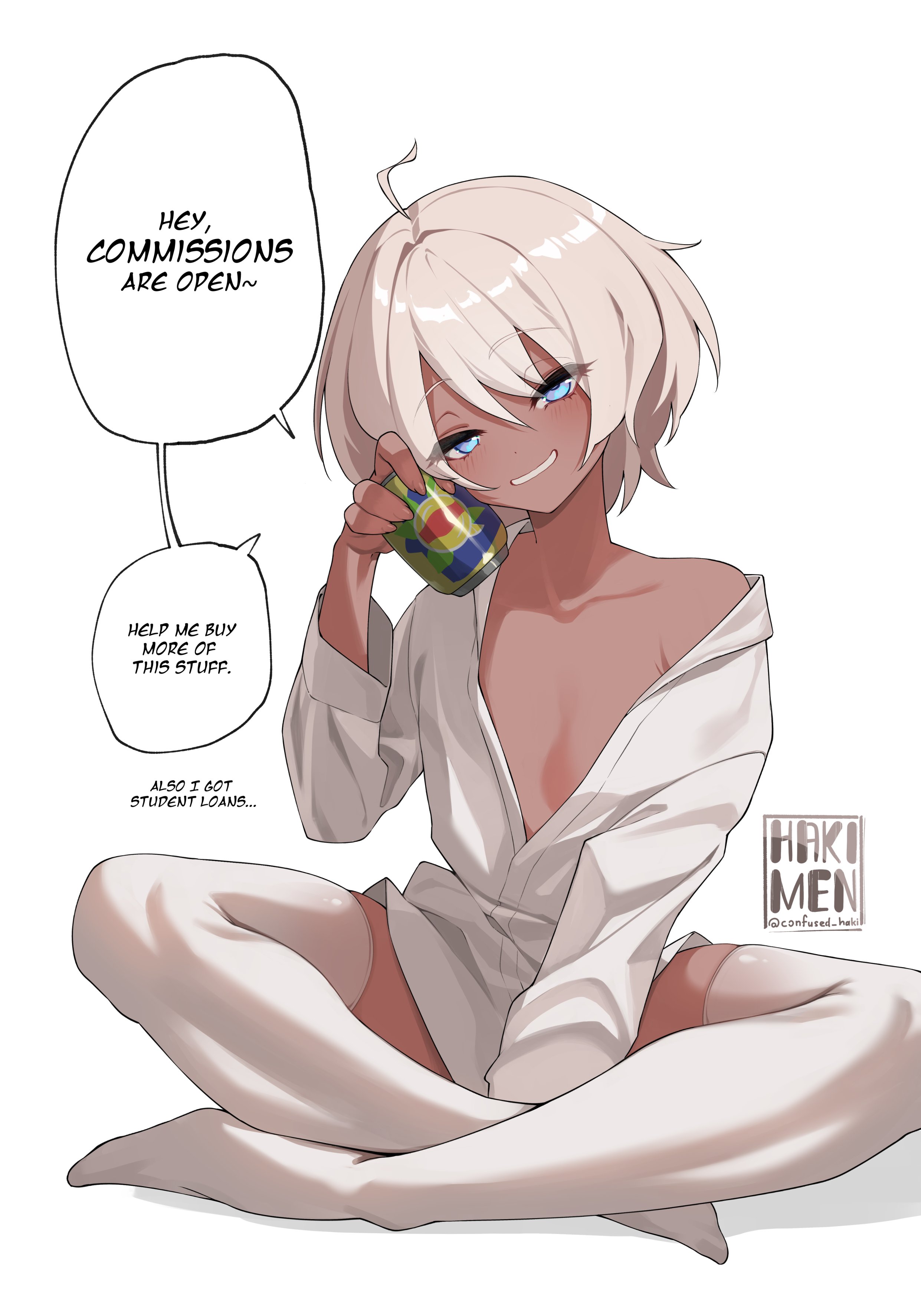 hakimen, lipton, original, absurdres, commentary, english commentary, highres, 1girl, artist name, blonde hair, blue eyes, can, collarbone, crossed legs, dark-skinned female, dark skin, drink can, english text, full body, half-closed eyes, holding, holding can, looking at viewer, off shoulder, open clothes, open shirt, parted lips, partially unbuttoned, shirt, short hair, sitting, skindentation, soda can, solo, speech bubble, thighhighs, white shirt, white thighhighs