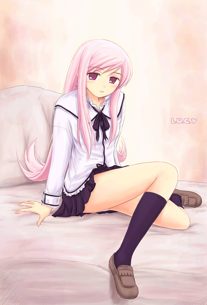 ryp, lucy maria misora, to heart (series), to heart 2, 00s, 1girl, brown shoes, female focus, long hair, pink hair, shoes, solo