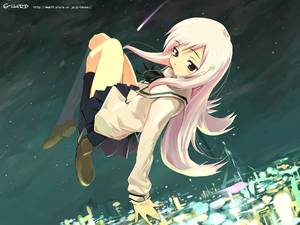 shihira tatsuya, lucy maria misora, to heart (series), to heart 2, 00s, 1girl, blush, female focus, hair ornament, hairpin, long hair, pink hair, pleated skirt, school uniform, serafuku, skirt, solo