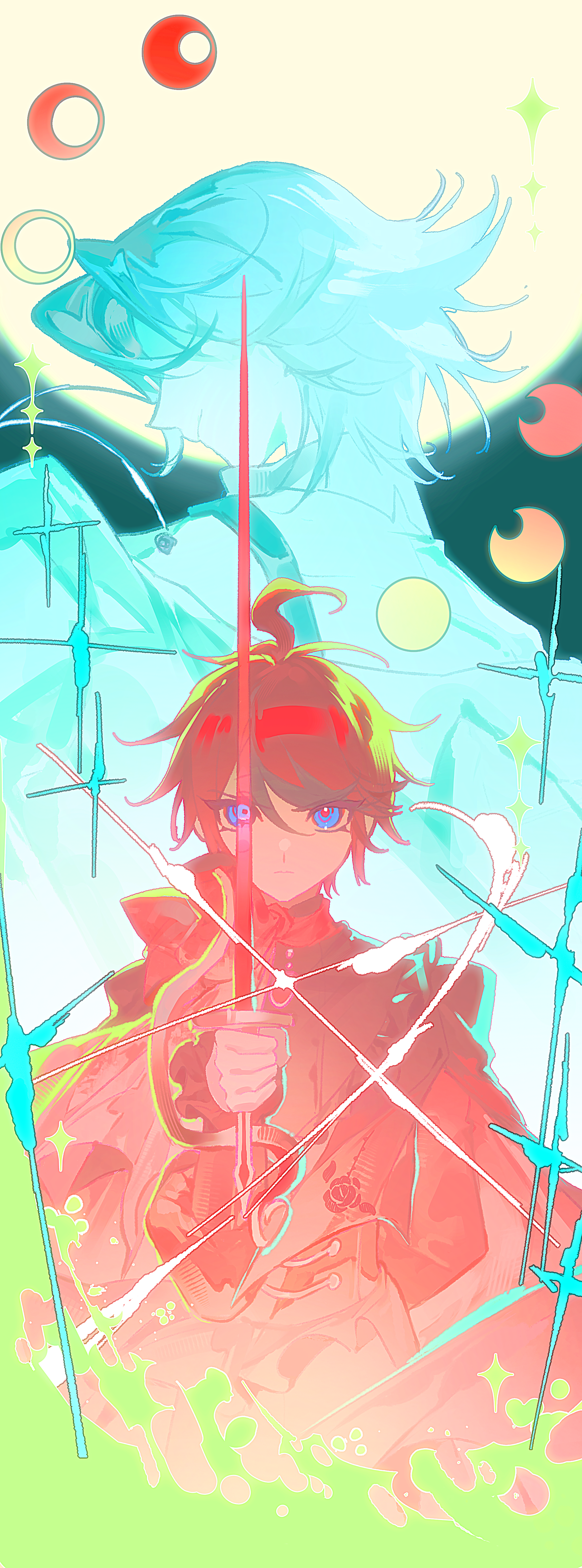 aizendai, aotsuki eito, sumino takumi, the hundred line -last defense academy-, absurdres, chinese commentary, highres, variant set, arm behind back, blue eyes, crescent moon, full moon, gibbous moon, glasses, glint, gloves, holding, holding sword, holding weapon, limited palette, looking at viewer, male focus, moon, moon phases, multiple boys, rapier, short hair, sword, weapon