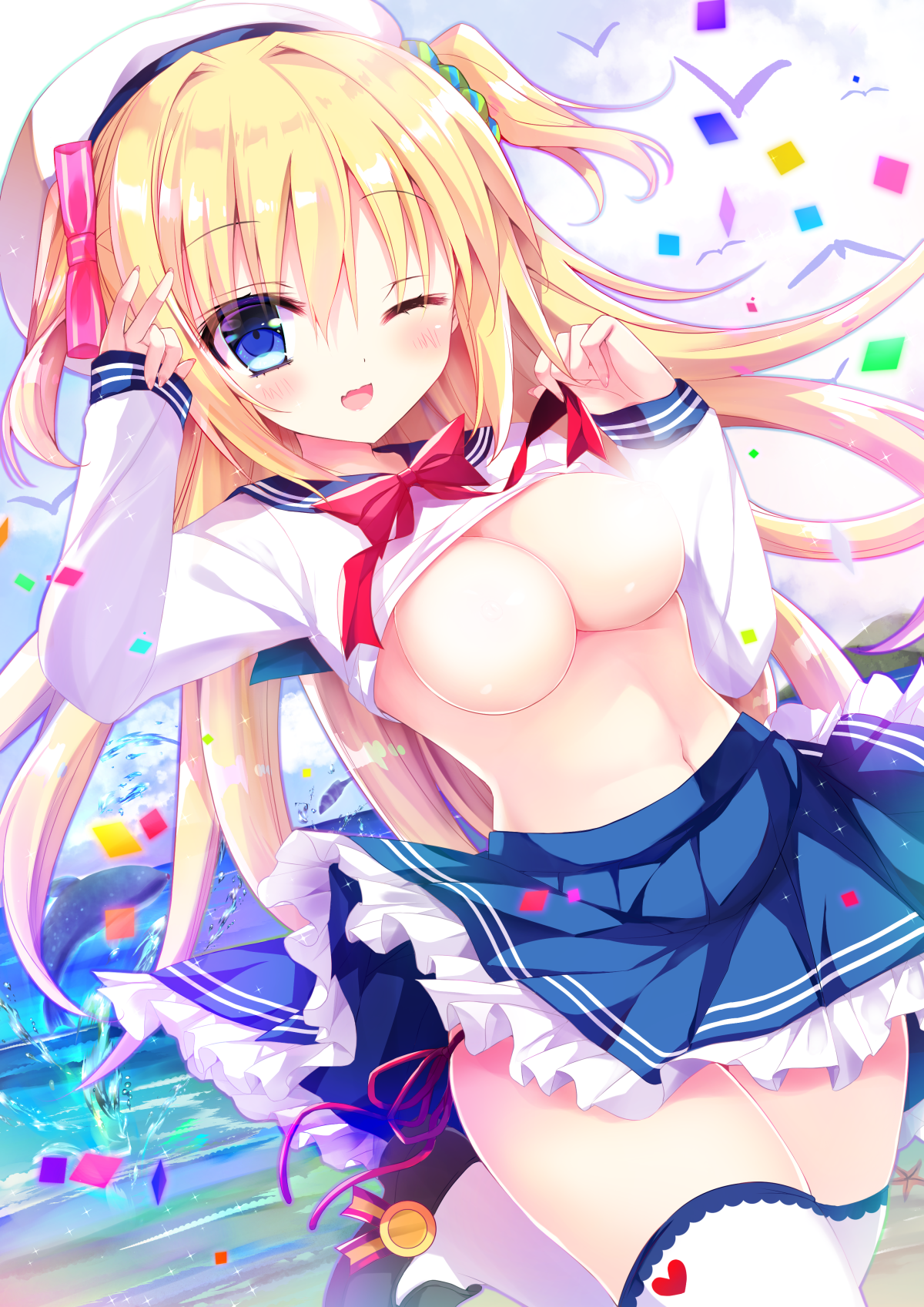 shiwasu horio, original, commentary request, highres, 1girl, ;d, animal, beret, bird, black shoes, blonde hair, blue eyes, blue skirt, blue sky, blush, bow, breasts, clothes lift, cloud, cloudy sky, day, dolphin, fang, frilled skirt, frills, hair between eyes, hands up, hat, horizon, large breasts, loafers, long hair, looking at viewer, navel, no bra, ocean, one eye closed, open mouth, outdoors, panties, pleated skirt, red bow, red panties, shirt, shirt lift, shoes, side-tie panties, side-tie peek, skirt, sky, smile, solo, standing, standing on one leg, thighhighs, two side up, underwear, very long hair, water, white hat, white shirt, white thighhighs