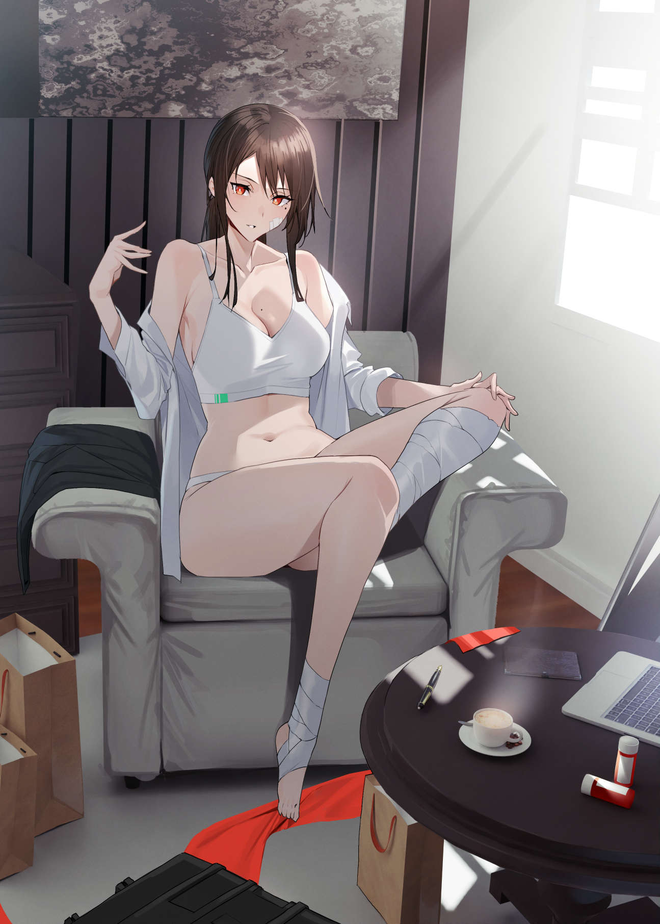 raitho, original, highres, 1girl, bag, bandage on cheek, bandage on face, bandaged foot, bandaged leg, bandages, barefoot, breasts, brown hair, cleavage, collarbone, couch, cup, day, full body, hand on own knee, hand up, indoors, large breasts, long hair, looking at viewer, mole, mole on breast, navel, off shoulder, on couch, open clothes, open shirt, panties, paper bag, parted bangs, parted lips, red eyes, shirt, sitting, solo, sports bra, stomach, table, teacup, underwear, white panties, white shirt, white sports bra, window shadow