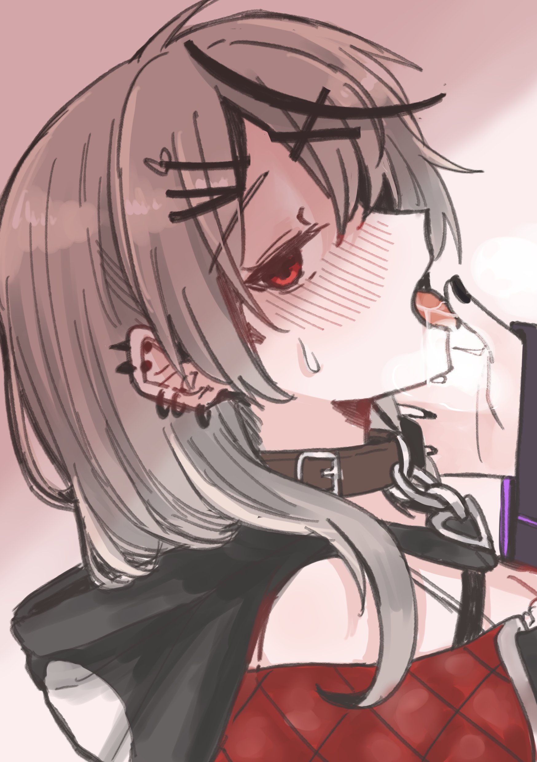 tora (nanamiiill), la+ darknesss, sakamata chloe, hololive, absurdres, commentary request, highres, 2girls, black nails, black streaks, blush, collar, ear piercing, finger in another's mouth, grey hair, hand on another's neck, long hair, multiple girls, piercing, red eyes, saliva, sweat, tongue, tongue out, virtual youtuber, yuri