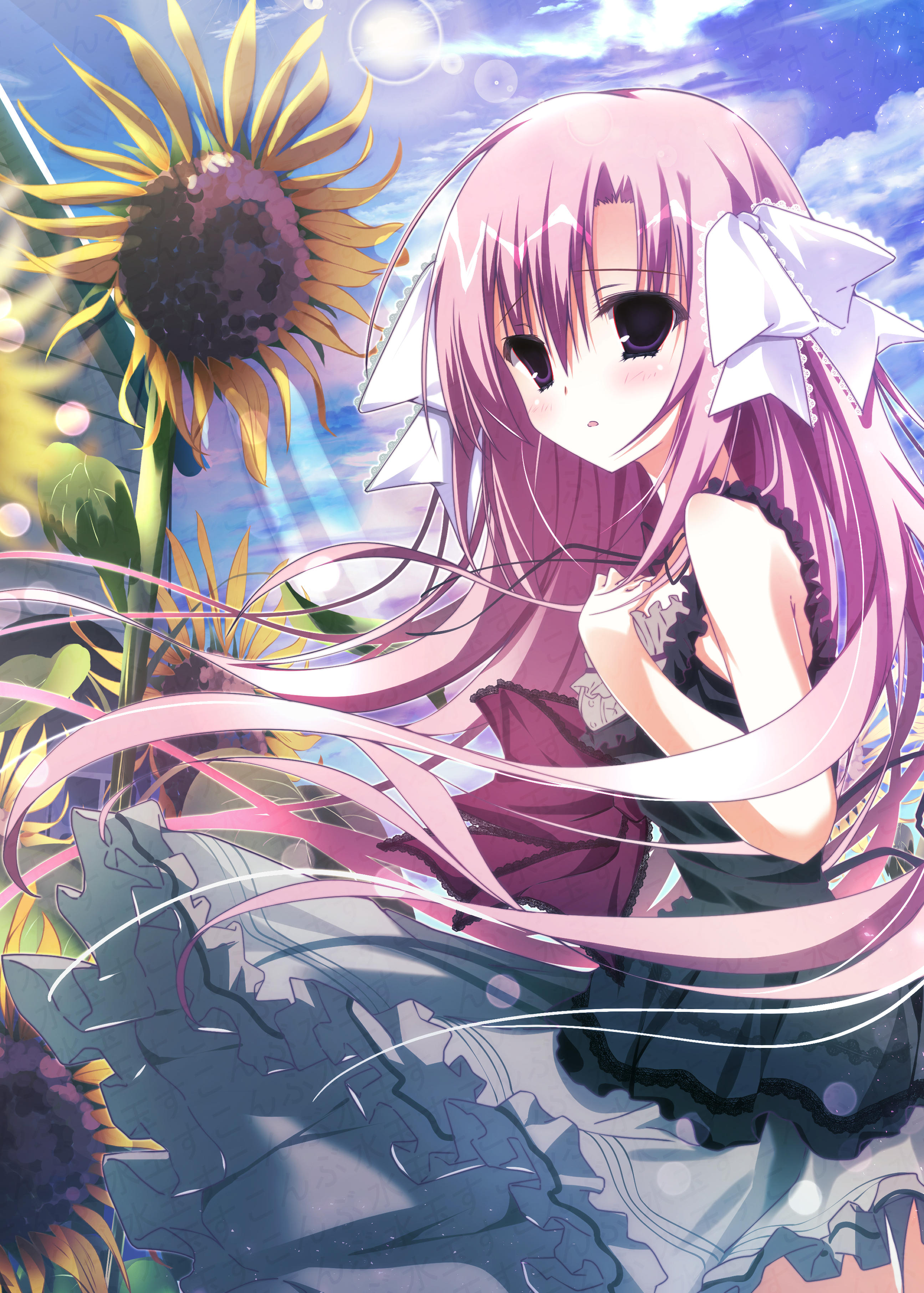 sukonbu385, natsusaki yomi, himawari no kyoukai to nagai natsuyasumi, absurdres, commentary request, highres, 1girl, black dress, black ribbon, blue sky, blush, bow, clothes lift, cloud, cowboy shot, cowlick, day, dress, dress lift, eyelashes, eyes visible through hair, floating clothes, floating hair, flower, frilled dress, frills, from side, frown, grey dress, hair between eyes, hair bow, hand up, lace-trimmed bow, lace trim, lens flare, long hair, neck ribbon, open mouth, outdoors, outline, pink hair, purple eyes, ribbon, sky, solo, sunflower, sunlight, two-tone dress, very long hair, watermark, white bow, white outline, wind, wind lift
