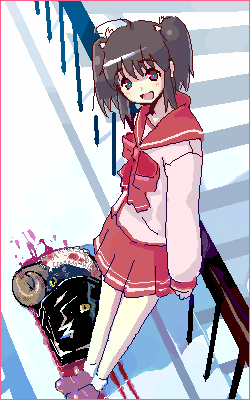 yuzuhara konomi, to heart (series), to heart 2, lowres, 00s, 1girl, blood, brown hair, female focus, horns, severed head, short hair, solo