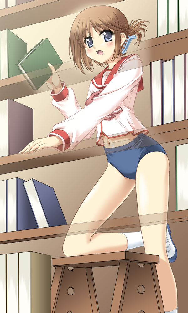 komaki manaka, to heart (series), to heart 2, 00s, 1girl, :o, blue eyes, blush, book, bookshelf, bow, brown hair, buruma, embarrassed, female focus, folded ponytail, foreshortening, hair ornament, hair up, hairclip, holding, indoors, kneeling, ladder, legs, mary janes, midriff, navel, on one knee, open mouth, outstretched arm, parted bangs, school uniform, serafuku, shirt, shoes, short hair, socks, solo, standing, surprised, transparent, white socks