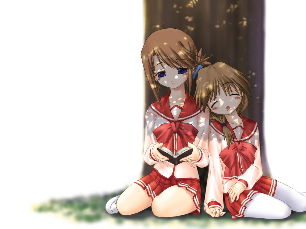 mizuna (water emp-tei), komaki ikuno, komaki manaka, to heart (series), to heart 2, light, 00s, 2girls, blush, book, dappled sunlight, folded ponytail, head on another's shoulder, miniskirt, multiple girls, open book, outdoors, pantyhose, pleated skirt, reading, school uniform, serafuku, siblings, sisters, sitting, skirt, sleeping, sunlight, tree, under tree, white background