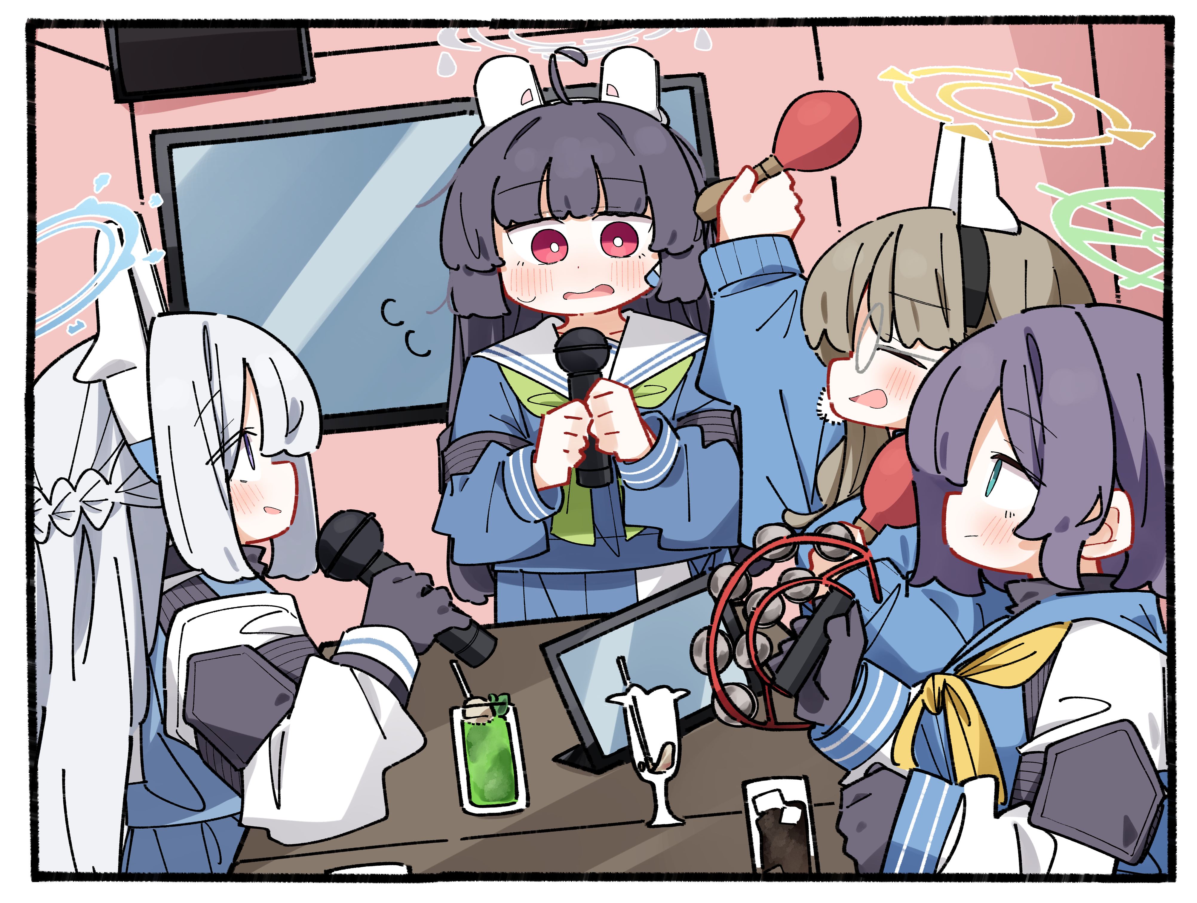 dash b, miyako (blue archive), miyu (blue archive), moe (blue archive), saki (blue archive), blue archive, absurdres, commentary request, highres, 4girls, ahoge, black gloves, black hair, blue eyes, blue serafuku, blue shirt, blue skirt, blue sweater, blush, braid, breasts, brown hair, closed eyes, closed mouth, cup, drink, drinking glass, flying sweatdrops, glasses, gloves, green neckerchief, grey hair, halo, headgear, holding, holding instrument, holding microphone, indoors, instrument, karaoke, large breasts, long hair, long sleeves, maracas, microphone, monitor, multiple girls, neckerchief, open mouth, pleated skirt, profile, puffy long sleeves, puffy sleeves, purple eyes, rabbit platoon (blue archive), round eyewear, sailor collar, school uniform, serafuku, shirt, skirt, sleeves past wrists, smile, sweater, tambourine, very long hair, wavy mouth, white sailor collar