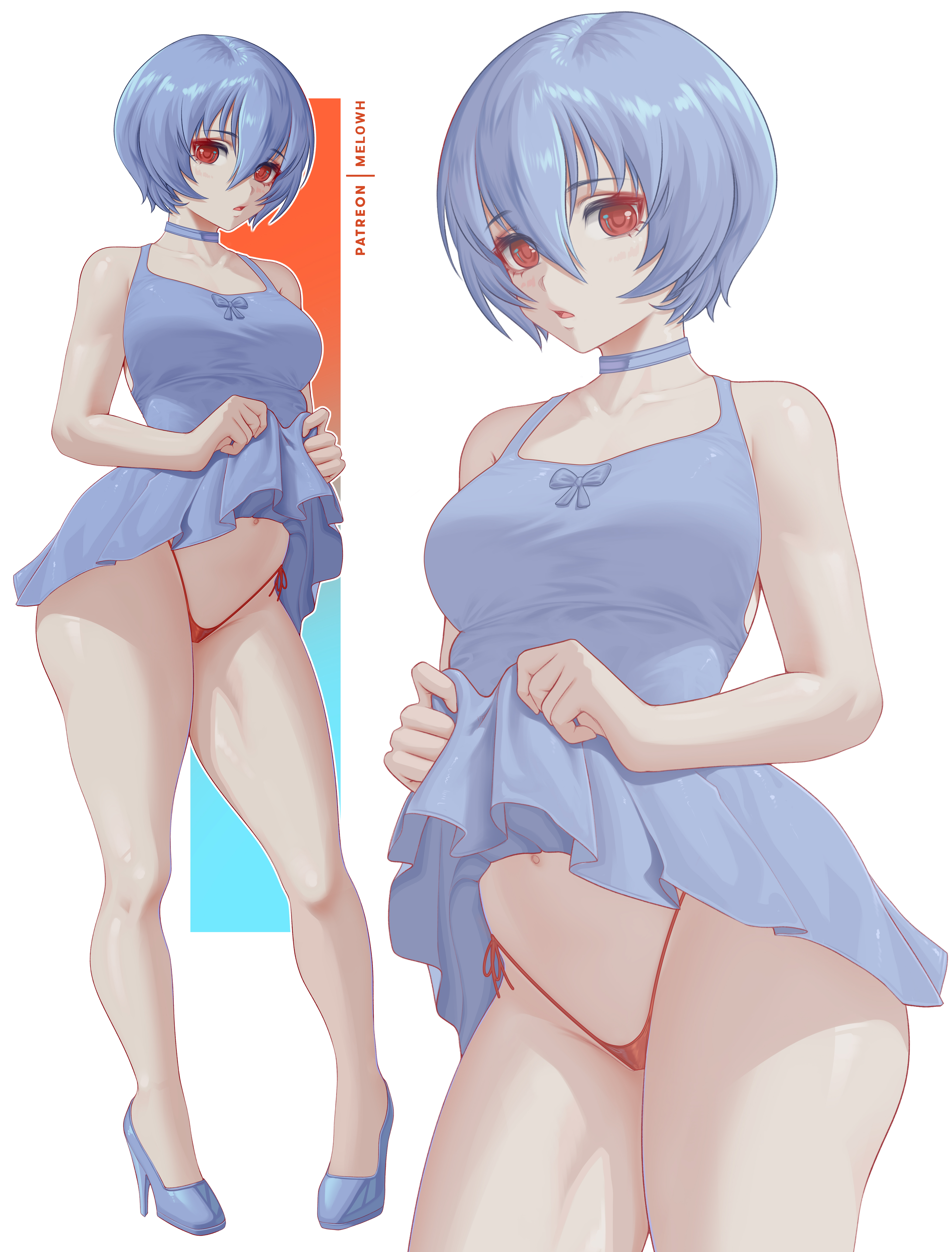 melowh, ayanami rei, neon genesis evangelion, absurdres, highres, 1girl, :o, bare legs, blue choker, blue hair, blush, breasts, choker, clothes lift, dress, dress lift, expressionless, full body, hair between eyes, heart, high heels, highleg, highleg panties, hip focus, legs, lifting own clothes, medium breasts, medium hair, multiple views, navel, orange panties, panties, red eyes, short dress, side-tie panties, solo, standing, staring, string panties, thighs, underwear