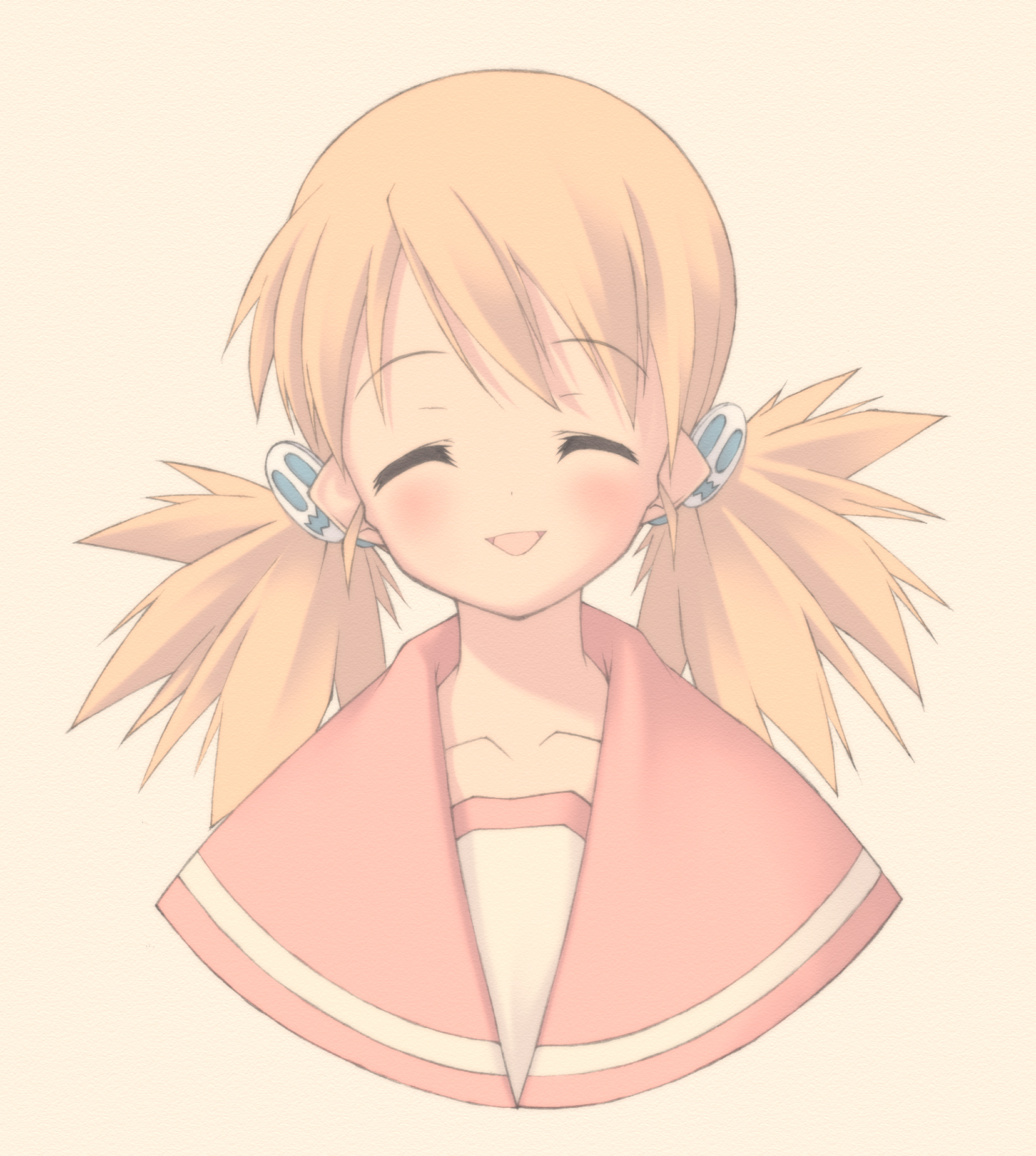 sasamori karin, to heart (series), to heart 2, highres, 00s, 1girl, :d, ^ ^, blush, closed eyes, collarbone, female focus, low twintails, open mouth, portrait, school uniform, simple background, smile, solo, spiked hair, triangle mouth, twintails, upper body, yellow background