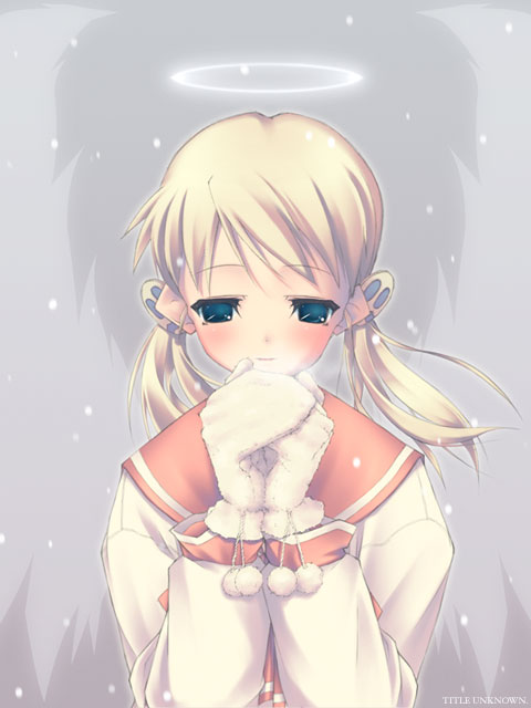 sasamori karin, to heart (series), to heart 2, 00s, blonde hair, blush, halo, mittens, school uniform, serafuku, snow, snowing, solo, traditional halo, wings