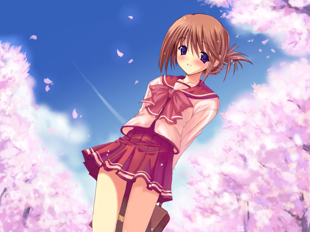 kyogoku shin, mitsumi misato, komaki manaka, to heart (series), to heart 2, game cg, 00s, 1girl, arms behind back, bag, blue eyes, blue sky, blush, bow, breasts, briefcase, brown hair, cherry blossoms, circle name, cloud, contrail, cowboy shot, day, female focus, folded ponytail, from below, grin, hair between eyes, hair ornament, happy, holding, long sleeves, looking at viewer, milestone celebration, miniskirt, outdoors, petals, pleated skirt, pocket, red skirt, school bag, school uniform, serafuku, short hair, skirt, sky, small breasts, smile, solo, standing, thank you, tree