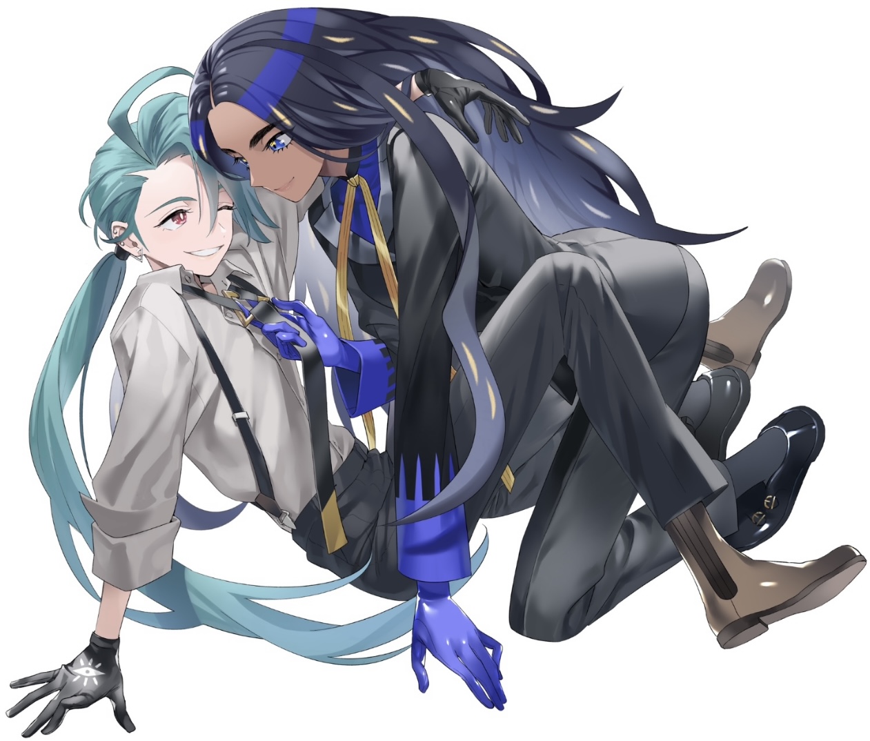 omo chi2, geeta (pokemon), rika (pokemon), nintendo, pokemon, pokemon sv, commentary request, 2girls, black gloves, black hair, black jacket, black necktie, black pants, black shoes, blue eyes, brown shoes, closed mouth, clothes grab, collared shirt, dark-skinned female, dark skin, ear piercing, gloves, green hair, grin, jacket, long hair, long sleeves, looking at another, multiple girls, necktie, necktie grab, neckwear grab, one eye closed, pants, piercing, ponytail, red eyes, shirt, shoes, smile, suspenders, white shirt, yuri