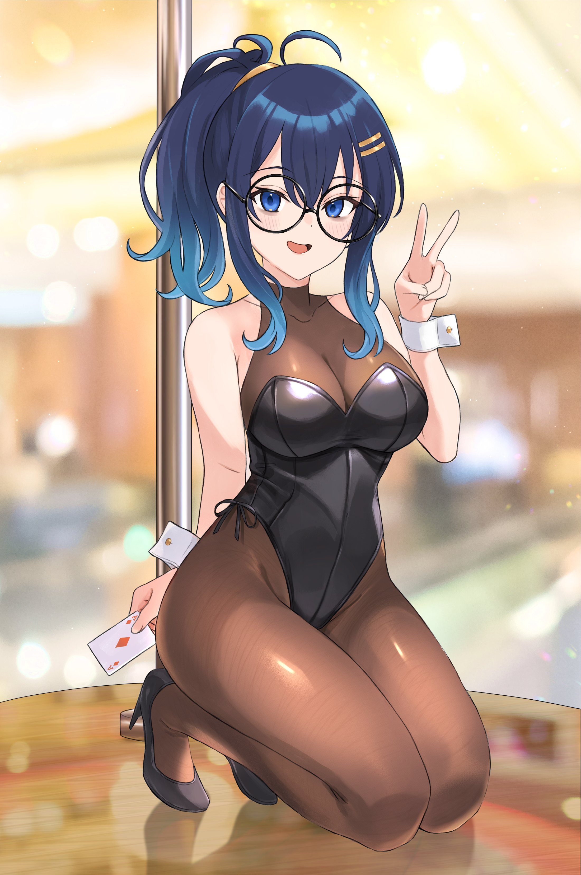 umirunie, original, absurdres, highres, second-party source, 1girl, ace (playing card), ace of diamonds, ahoge, black-framed eyewear, black leotard, black shoes, blue eyes, blue hair, bodystocking, breasts, card, collarbone, diamond (shape), glasses, gradient hair, hair ornament, hairpin, high heels, holding, holding card, kneeling, leotard, multicolored hair, open mouth, playing card, pole, ponytail, reflective floor, round eyewear, see-through cleavage, see-through clothes, shoes, sidelocks, smile, solo, stripper pole, v, white wrist cuffs, wrist cuffs
