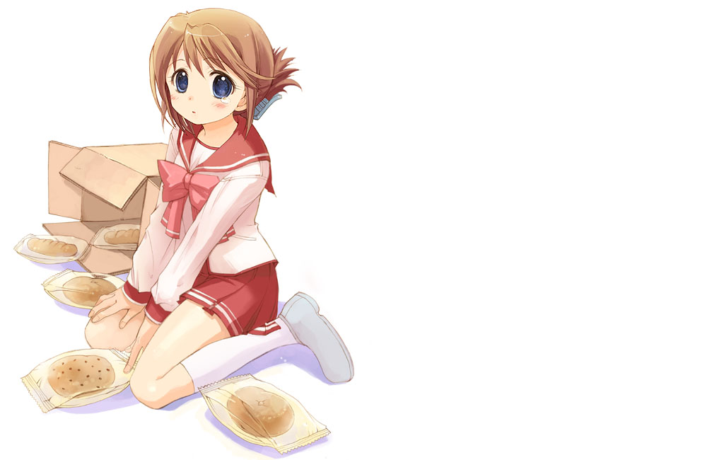 komaki manaka, to heart (series), to heart 2, 00s, 1girl, :o, blue eyes, blush, box, bread, brown hair, carton, female focus, folded ponytail, food, kneeling, long sleeves, looking at viewer, package, parted lips, red skirt, shoes, simple background, sitting, skirt, socks, solo, tears, white background