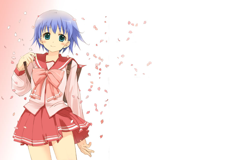 tonami yuma, to heart (series), to heart 2, 00s, 1girl, backpack, bag, blue eyes, blue hair, blush, bow, female focus, matching hair/eyes, petals, pleated skirt, school uniform, serafuku, short hair, simple background, skirt, smile, solo