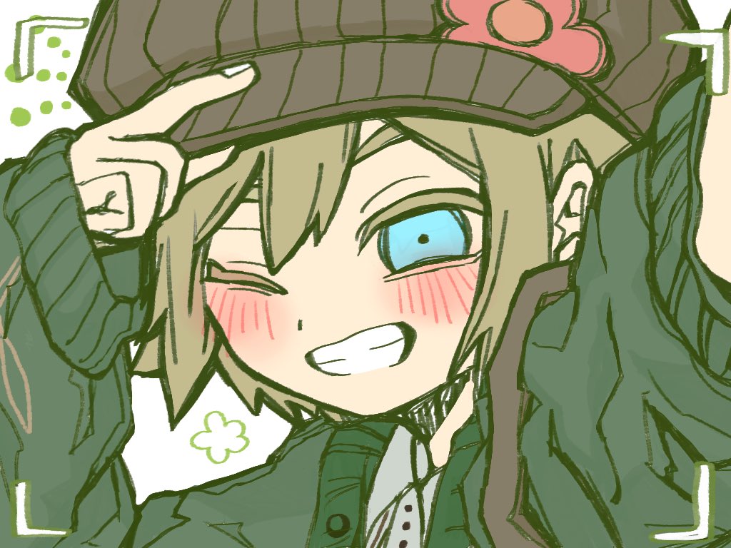 marugayottu, basil (birthday) (omori), basil (faraway) (omori), basil (omori), omori, 1boy, adjusting clothes, adjusting headwear, arm up, blonde hair, blue eyes, blush, brown hat, cardigan, close-up, green cardigan, grin, hat, long sleeves, looking at viewer, male focus, newsboy cap, one eye closed, open mouth, sleeves past wrists, smile, solo, teeth, upper body