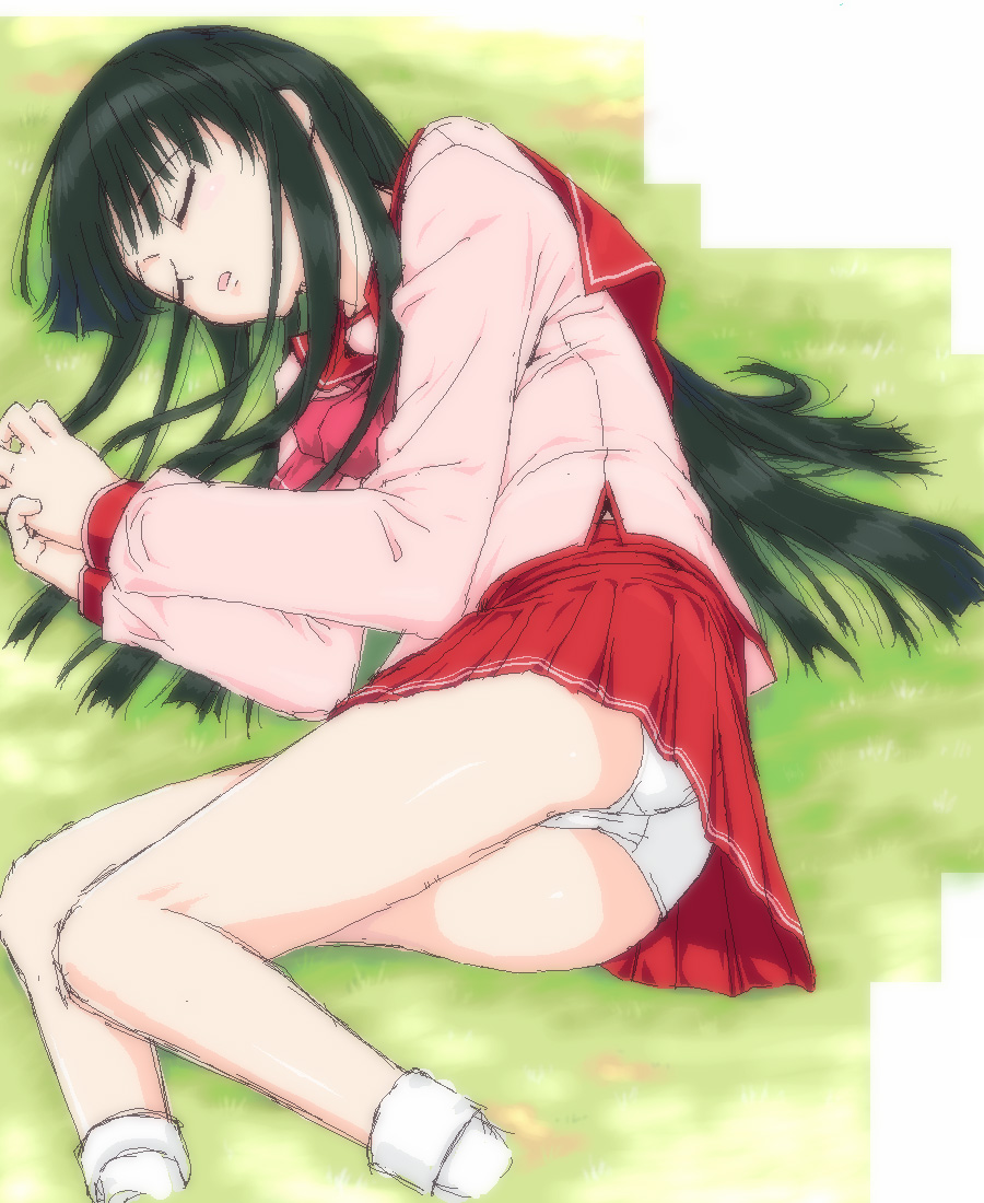 shichimenchou, kusakabe yuuki (to heart 2), to heart (series), to heart 2, 00s, 1girl, female focus, panties, pantyshot, pleated skirt, school uniform, serafuku, skirt, sleeping, solo, underwear